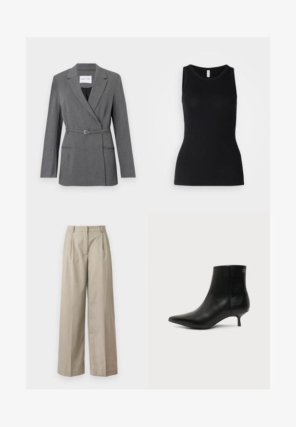 Grå stribet blazer med en skræddersyet pasform, notch-lapel, enkeltknaplukning og bælte om livet. Har to frontlommer.; Sort ærmeløs tanktop lavet af ribbet stof, med rund halsudskæring og tætsiddende design, med en glat overflade og uden mønstre.; Bage brede bukser lavet af glat stof, med en tætsiddende talje, læg og en løs pasform gennem benene. Enkel design og rene linjer.; Sort læder ankelstøvle med spids tå og lav kitten hæl på lys baggrund, der viser yderside.