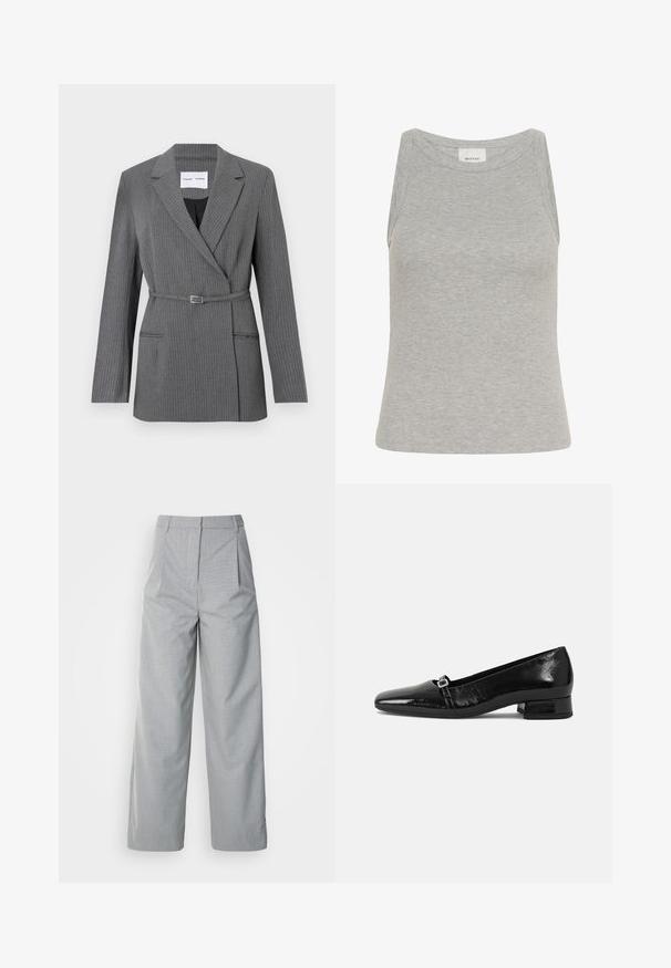 Grå stribet blazer med en skræddersyet pasform, notch-lapel, enkeltknaplukning og bælte om livet. Har to frontlommer.; Grå ribbet tanktop med rund halsudskæring og ærmeløs design. Fremstillet af blødt stof, har en tætsiddende silhuet og minimale syninger.; Grå bredebukser lavet af tekstureret stof, med høj talje, læg foran og en lige pasform ned til kanten.; Sorte patentlæder balletflade med spids tå, lav firkantet hæl og en lille metallisk spænde detalje på remmen. Glat tekstur.