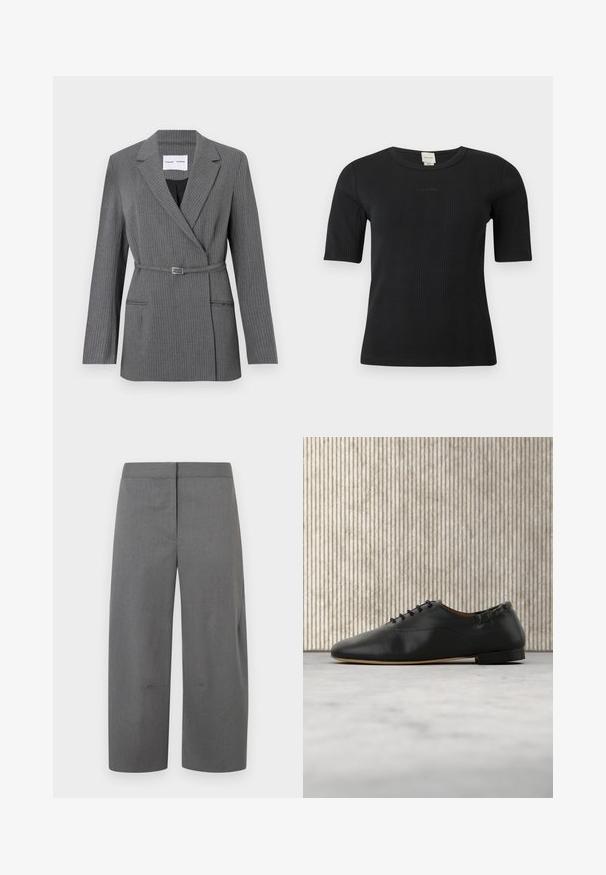 Grå stribet blazer med en skræddersyet pasform, notch-lapel, enkeltknaplukning og bælte om livet. Har to frontlommer.; Sort ribbet Calvin Klein top med korte ærmer, rund halsudskæring og diskret logo broderet på brystet mod en ensfarvet baggrund.; Grå skræddersyede bukser med et lige, vidbenet design. Glat tekstur, minimal syning og uden synlige lommer eller pynt.; Sort læder-fladsko med snørebånd, rundet tå og lav hæl, vist i højre sideprofil på en lys baggrund.