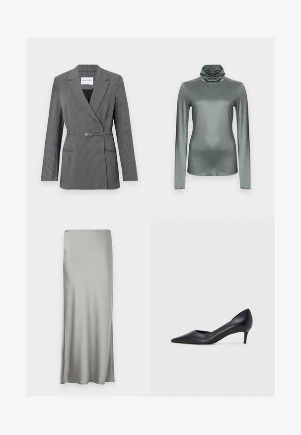 Grå stribet blazer med en skræddersyet pasform, notch-lapel, enkeltknaplukning og bælte om livet. Har to frontlommer.; Langærmet rullekravebluse i en dæmpet grøn farve, med en blød, glat tekstur og en draperet krave.; Lys grå, satin maxi-nederdel med en glat tekstur og sideslids, designet med en lige skæring for en flydende silhuet.; Sort læderpumpe med spids tå og lav hæl. Har en glat tekstur og subtil glans. Åben udskæring foran for ekstra detalje.