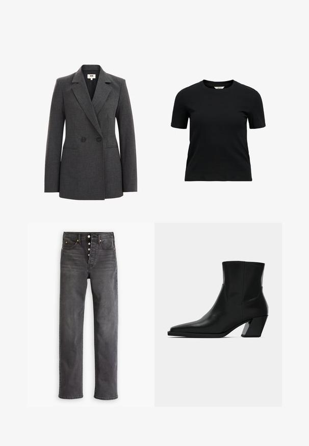 Blazer double boutonné gris en tissu texturé, avec des revers crantés, deux boutons noirs et des poches latérales. Design ajusté.; T-shirt noir côtelé à manches courtes avec col rond, au design simple et ajusté, et une petite étiquette à l'encolure.; Jean en denim gris à taille haute, jambes droites, cinq poches, et fermeture à boutons. Présente une couture en cuivre et un léger effet délavé.; Bottine en cuir noir avec un bout pointu, une silhouette élégante et un talon carré massif. Texture lisse avec des détails de couture minimalistes.