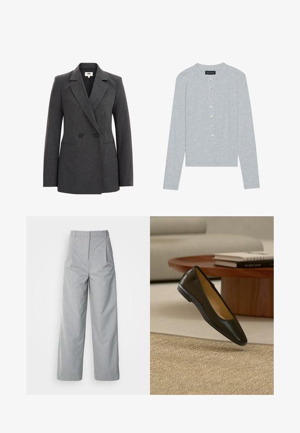 Blazer gris de doble botonadura hecho de tejido texturizado, con solapas de muesca, dos botones negros y bolsillos laterales. Diseño ajustado.; Cárdigan gris de manga larga hecho de tela acanalada, con escote redondo y seis botones frontales con un ligero brillo.; Pantalones de pierna ancha gris hechos de un tejido texturizado, con una cintura alta, pliegues en la parte delantera y corte recto hasta el dobladillo.; Zapato plano de cuero negro con punta cuadrada redondeada sobre una alfombra beige tejida, con mesa de café de madera y libros apilados en el fondo.