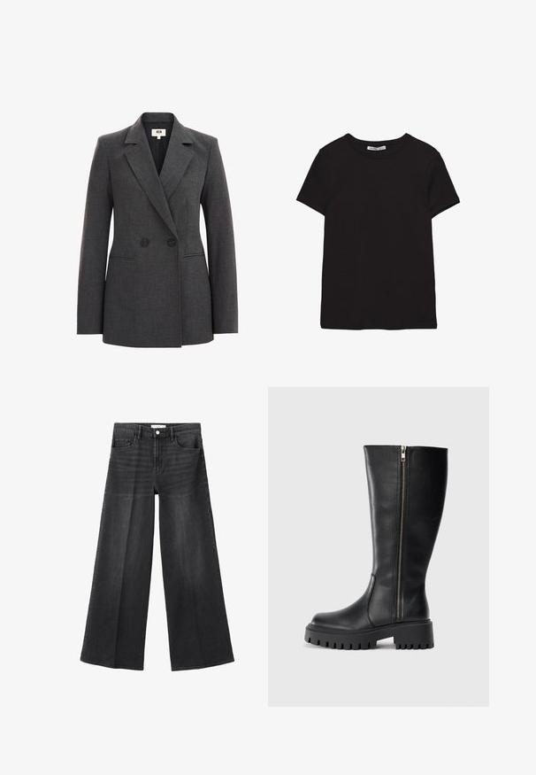Grau gestreifter Doppelpackungsblazer aus strukturiertem Stoff, mit Reverskragen, zwei schwarzen Knöpfen und seitlichen Taschen. Taillierte Passform.; Schwarzes, kurzärmliges Baumwoll-T-Shirt mit rundem Halsausschnitt, Standardpassform und sichtbarem innerem Nackenetikett.; Schwarze Denim-Jeans mit weitem Bein und hoher Taille, ausgestattet mit fünf Taschen, Knopfverschluss und dezenten Waschungseffekten für Textur.; Schwarze kniehohe Stiefel aus Leder mit einem seitlichen Reißverschluss, strukturiertem Finish, runder Spitze und robuster Gummisohle mit einem segmentierten Profil.