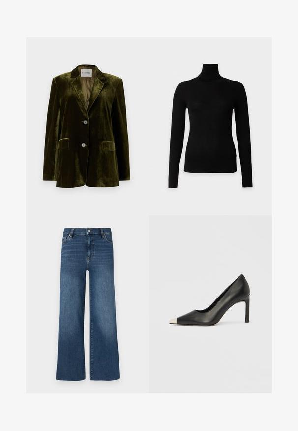 CLOSED LOLA - Blazer - marsh green; Pull noir à côtes à manches longues avec col roulé et silhouette ajustée sur fond blanc uni.; Jean denim à jambes larges, teinte bleu moyen, doté d'une fermeture par bouton et glissière, cinq poches et des détails de couture subtils.; Chaussure à talon haut en cuir noir avec bout pointu et capuchon argenté métallique. Présente une finition lisse et un talon fin de 10 cm.