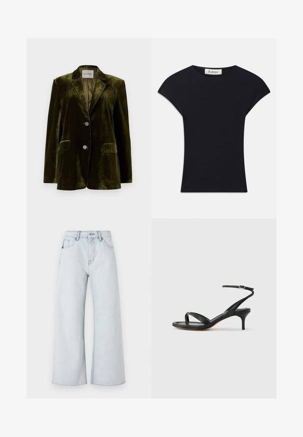 CLOSED LOLA - Blazer - marsh green; Haut noir à manches courtes en tissu doux, avec un col rond et une coupe ajustée, ornée de légers accents d'épaule. Étiquette visible.; Jean léger bleu clair avec une coupe large, fabriqué en denim. Comprend un style à cinq poches, des passants de ceinture et une fermeture à bouton.; Sandale pour femme en cuir noir avec fines lanières, une boucle d'orteil, une boucle à la cheville et un talon aiguille de hauteur moyenne sur un fond neutre.