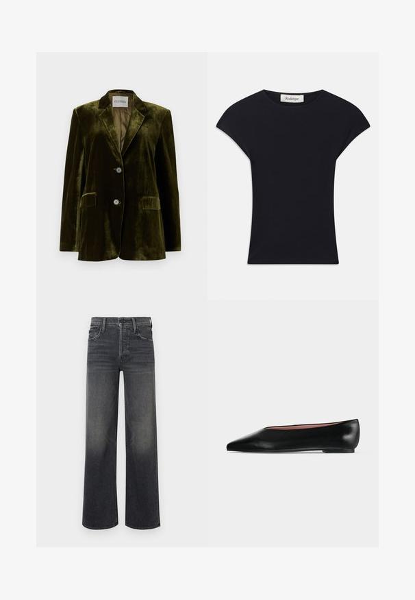CLOSED LOLA - Blazer - marsh green; Haut noir à manches courtes en tissu doux, avec un col rond et une coupe ajustée, ornée de légers accents d'épaule. Étiquette visible.; Jeans à jambes larges en denim gris foncé, avec un effet dégradé subtil. Design classique à cinq poches avec passants de ceinture et coutures visibles.; Chaussure plate en cuir noir pour femme, avec bout pointu et petit talon, vue de côté sur un fond gris clair uni.