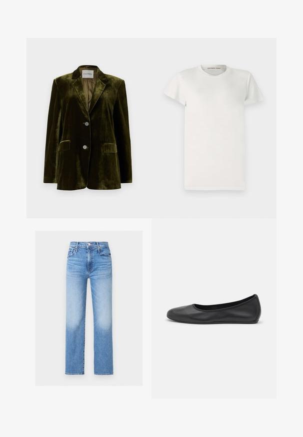 CLOSED LOLA - Blazer - marsh green; T-shirt blanc à manches courtes en coton avec un col rond et une coupe simple. Les étiquettes affichent "DESIGNERS REMIX" à l'intérieur du col.; Jean en denim bleu taille haute, coupe droite, avec poches avant, passants pour ceinture, bouton, et détails délavés sur les cuisses et les genoux.; Ballerines en cuir noir avec un bout rond, texture lisse, détails de couture minimalistes et design de semelle flexible.