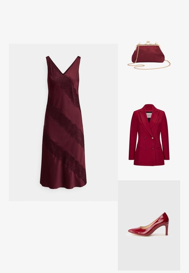 Doppelt manteau roter Blazer aus glattem Stoff, mit einem Reverskragen, zwei Fronttaschen und runden Knöpfen. Tailored Fit, ungefüttert.; Burgunderrotes Satinkleid mit V-Ausschnitt, das diagonale Spitzenakzente auf der Vorderseite und eine fließende Silhouette aufweist. Glatte Textur und elegantes Design.; Roter Lacklederschuh mit hohem Absatz, spitzer Zehenpartie und 10 cm Stiletto-Absatz. Glatte Textur und minimalistisches Design.; Burgunderfarbene Satin-Clutch mit geprägten Blumenmustern, goldfarbigem Metallrahmen und einem abnehmbaren Kettenriemen für vielseitige Trageoptionen.