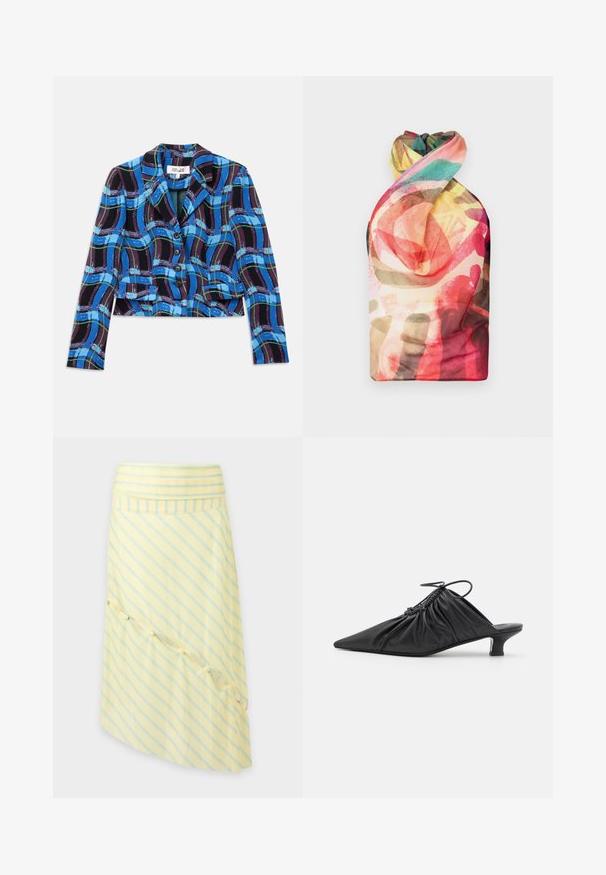 Afskåret blazer i blå, sort og grøn ternet mønster. Har en klapkrave og fem sorte knapper foran.; Paolina Russo WRAPPED HALTER - Top - acid brown; Gul nederdel med lyseblå diagonale striber, asymmetrisk kant, flæsedetalje og bred talje mod en ensfarvet baggrund.; Sorte læder slip-on mules med spids tå, samlet tekstur og en lille kitten heel. Har en snor-detalje ved åbningen.