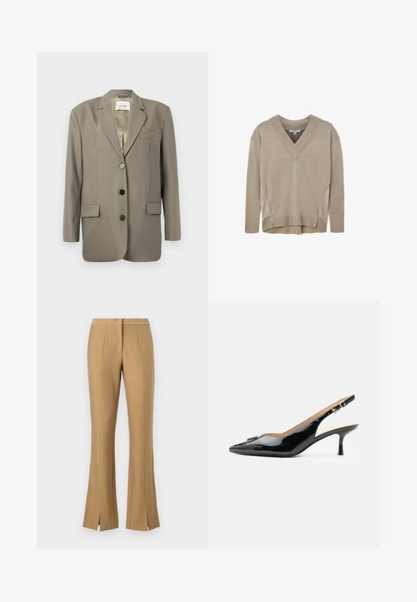Blazer gris de gran tamaño con solapa muesca, dos bolsillos frontales, tres botones negros y un forro de satén. Diseño minimalista con una forma estructurada.; Suéter beige de manga larga y cuello en V con puños y dobladillo acanalados, que presenta detalles de paneles laterales y un ligero dobladillo asimétrico.; Pantalones acampanados beige con aberturas frontales, fabricados en tejido suave. Presentan una cinturilla plana y detalles de pliegues marcados que recorren las piernas.; Tacón slingback de charol negro con puntera puntiaguda, tacón pequeño tipo kitten y correa con hebilla plateada sobre un fondo blanco liso.