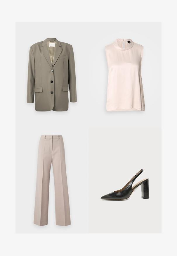 Blazer gris de gran tamaño con solapa muesca, dos bolsillos frontales, tres botones negros y un forro de satén. Diseño minimalista con una forma estructurada.; Blusa sin mangas de color rosa pálido con cuello alto, confeccionada en una tela lisa y brillante. Presenta un cierre de botones en la parte posterior y un dobladillo curvado.; Pantalones de pierna ancha beige, fabricados con un tejido suave, que cuentan con una cintura alta, pliegues frontales y una silueta ajustada.; Zapato slingback de piel negra con puntera puntiaguda, tacón alto y ancho, y forro interior beige sobre un fondo claro y liso.