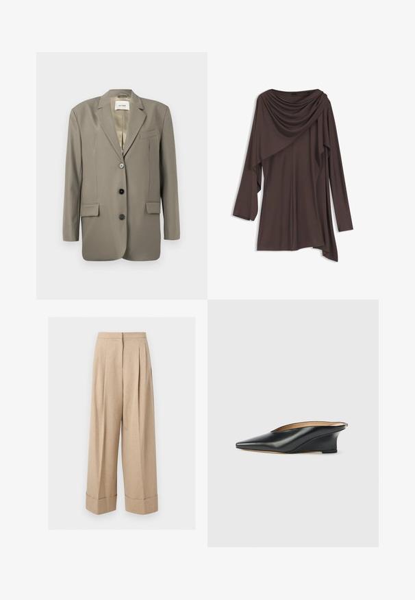 Blazer gris de gran tamaño con solapa muesca, dos bolsillos frontales, tres botones negros y un forro de satén. Diseño minimalista con una forma estructurada.; Túnica de manga larga color marrón oscuro con escote y dobladillo asimétricos drapeados, confeccionada en una tela suave y fluida.; Pantalones beige de pierna ancha con cintura alta, pliegues delanteros y puños anchos en el dobladillo, mostrados sobre un fondo blanco.; Zapato cuña de charol negro con punta puntiaguda y talón descubierto, con un diseño elegante y curvado de estilo minimalista.