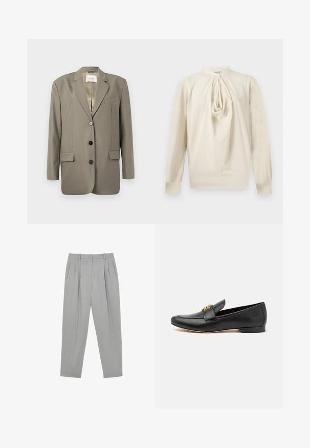 Blazer gris de gran tamaño con solapa muesca, dos bolsillos frontales, tres botones negros y un forro de satén. Diseño minimalista con una forma estructurada.; Blusa cremosa de manga larga con detalle fruncido en el escote de tipo ojo de cerradura y cuello alto, cierre de botón en el cuello y mangas con puños.; Pantalones formales gris claro con pliegues frontales, bolsillos laterales, trabillas para cinturón y diseño de pierna ahusada.; Mocasines de cuero negro con puntera redondeada, tacón plano y acento en tono dorado en la correa. Textura suave con detalles de diseño mínimos.