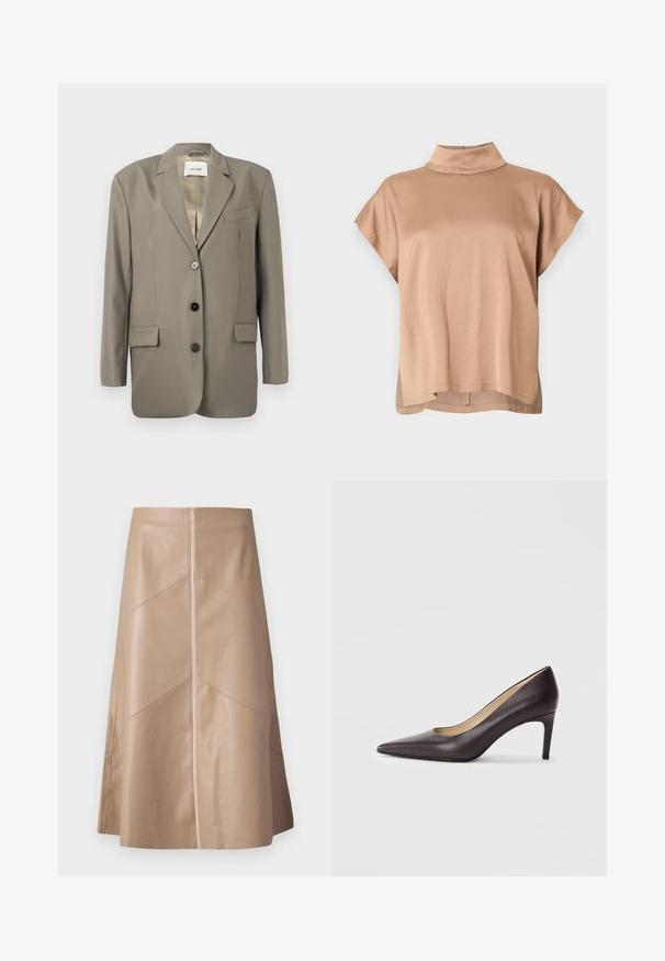 Blazer gris de gran tamaño con solapa muesca, dos bolsillos frontales, tres botones negros y un forro de satén. Diseño minimalista con una forma estructurada.; Top de manga corta en tela marrón claro, con cuello alto, ajuste relajado y dobladillo ligeramente más largo en la parte trasera. Textura suave.; Falda A-line de cuero sintético beige con sutiles detalles en panel y un acabado mate suave, de largo hasta la rodilla y de cintura alta.; Zapato de tacón alto de cuero marrón con punta puntiaguda, tacón delgado de 7 cm, textura suave y diseño minimalista. Sin adornos visibles.