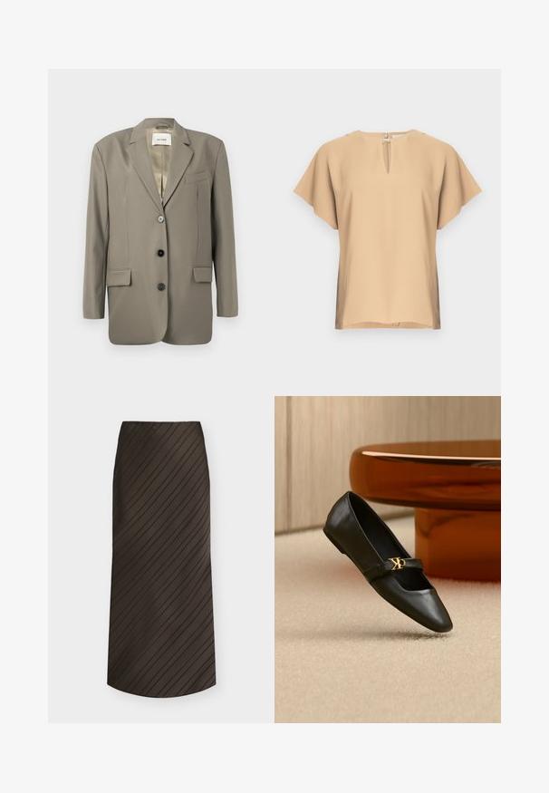 Oversized grijze blazer met een gesneden revers, twee voork létels, drie zwarte knopen en een satijnen voering. Minimalistisch ontwerp met een gestructureerde vorm.; Beige blouse met een keyhole-halslijn en korte, brede mouwen. Glad stof met een ontspannen pasvorm en rechte zoom. Minimalistisch ontwerp.; Donkerbruine A-lijn rok met diagonale zwarte strepen, midi-lengte en een eenvoudige tailleband.; Zwarte leren platte schoen met puntige neus en gouden CK-logo op het bandje, geplaatst op een beige tapijt bij een ronde amberbruine tafel.
