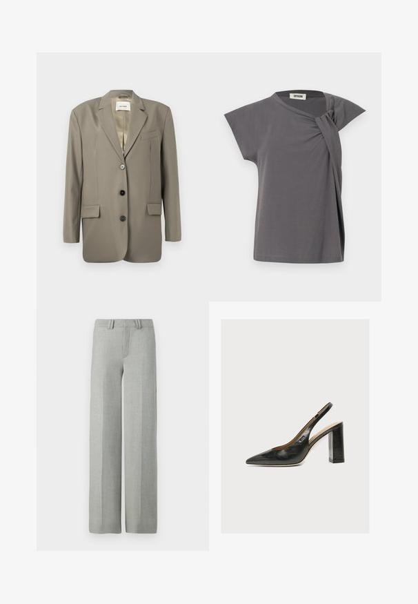Blazer gris de gran tamaño con solapa muesca, dos bolsillos frontales, tres botones negros y un forro de satén. Diseño minimalista con una forma estructurada.; Top gris de manga corta con un detalle de nudo torcido en el hombro. Confeccionado con un material suave, tiene un ajuste relajado y un escote redondeado.; Pantalones gris de pierna ancha en una tela ligera, con un frente plano, presillas para cinturón y líneas limpias y ajustadas sin patrones visibles.; Zapato de mujer slingback de piel negra con puntera puntiaguda y tacón alto grueso de bloque sobre fondo blanco.
