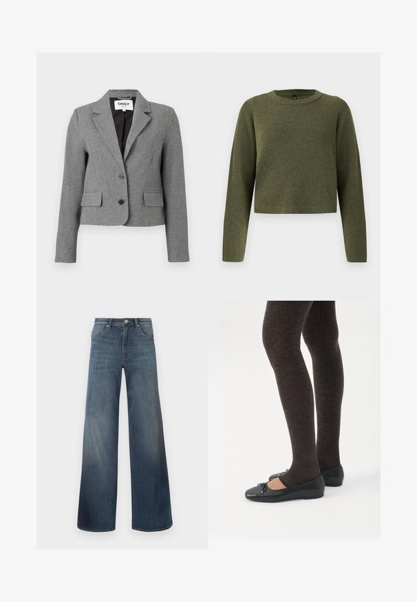 Grå tætsiddende blazer med ternet mønster, enspændt design, to forlommer og spids krave. Indeholder to sorte knapper.; Grøn kortærmet sweater med lange ærmer, lavet af tekstureret strikstof. Har en rund halsudskæring og minimalistisk design.; Bredde denim jeans i mørkeblå, med en slidteknik, knaplukning og fem-lomme stil. Glat tekstur, minimal syning detaljer.; Ben iført mørke ribbede leggings kombineret med sorte balletsko med små sløjfedetaljer på hvid baggrund.