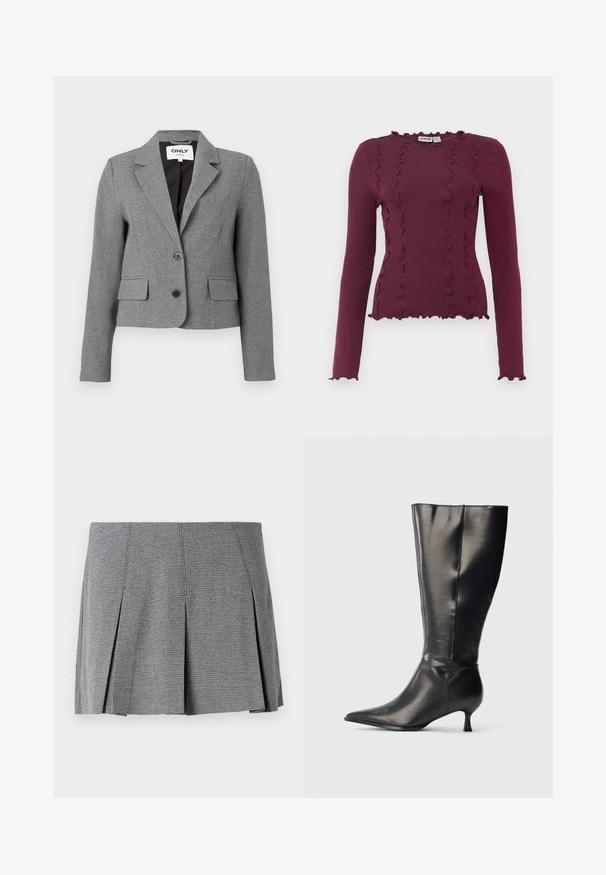 Grå tætsiddende blazer med ternet mønster, enspændt design, to forlommer og spids krave. Indeholder to sorte knapper.; Mørkerød langærmet top i ribbet stof med rynkede detaljer langs halsudskæringen og kanten. Tætsiddende design med en kort længde.; Grå plisseret mini-nederdel lavet af tekstureret stof, med et rutenetmønster og en lige skæring med sideslidser.; Sort knæhøj læderstøvle med spids tå og lav kittenhæl, vist på en enkel lys baggrund.