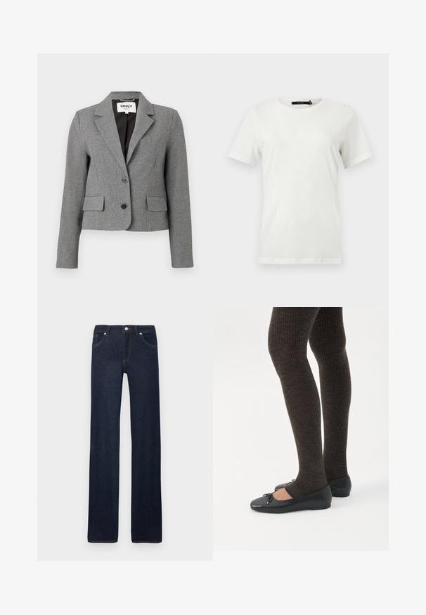 Grå tætsiddende blazer med ternet mønster, enspændt design, to forlommer og spids krave. Indeholder to sorte knapper.; Simpel hvid T-shirt med korte ærmer og rund hals med lige kant, vist fladt mod en lys baggrund.; Mørkeblå jeans med lige ben, forlommer, bæltestropper, metal knap og syningsdetaljer på en ensartet hvid baggrund.; Ben iført mørke ribbede leggings kombineret med sorte balletsko med små sløjfedetaljer på hvid baggrund.