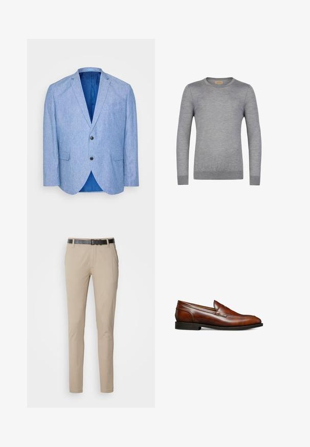 Blazer bleu clair en tissu texturé. Présente un revers cranté, deux boutons noirs et une doublure bleue à l'intérieur. Poche poitrine unique.; Pull gris à manches longues en tissu doux, avec un col rond et des poignets côtelés. Design simple sans motifs ni accents.; Chinos beiges à coupe slim, fabriqués en tissu de coton doux. Dotés d'une ceinture noire texturée, de deux poches latérales et d'une finition lisse.; Mocassins en cuir marron avec un bout arrondi, texture lisse, coutures minimales et un petit talon empilé, présentant un design subtil et élégant.