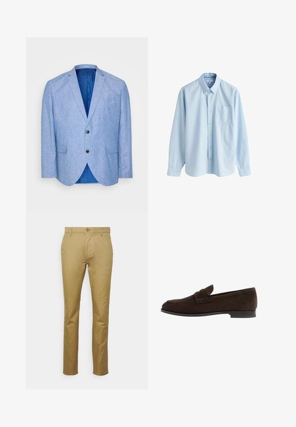 Lys blå blazer lavet af tekstureret stof. Har en spids revers, to sorte knapper og blåt foer indeni. Enkel brystlomme.; Lyseblå langærmet skjorte med knapper, knappet krave og brystlomme, vist på en hvid baggrund.; Khaki chinos lavet af glat bomuld, med et klassisk lige ben-design, forlommer og en enkelt knaplukning i taljen.; Brune ruskinds loafers med en flad gummisål, der har en slip-on design og detaljeret syning langs kanterne.
