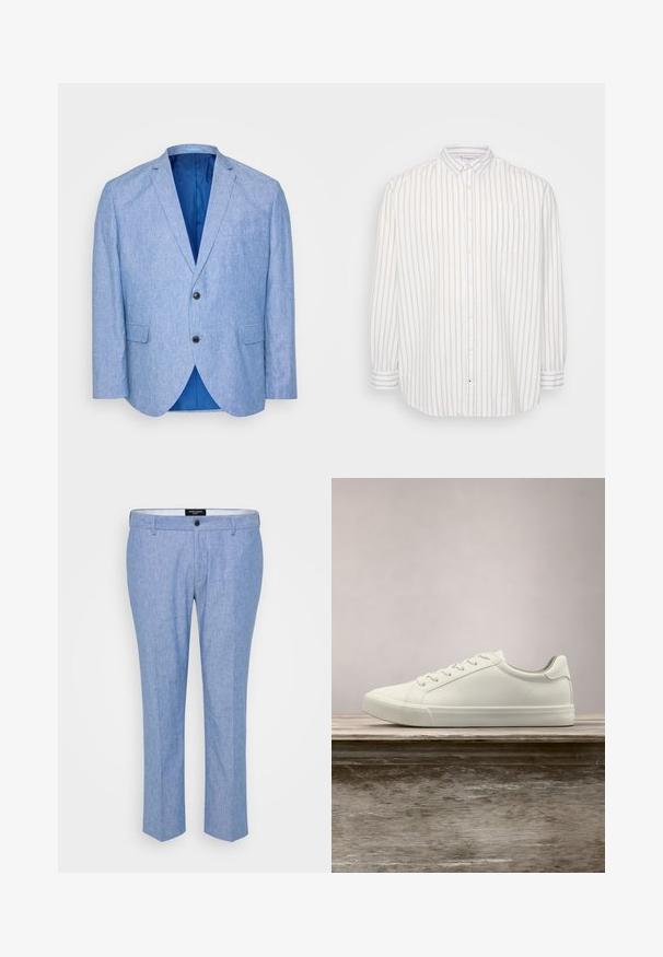 Lys blå blazer lavet af tekstureret stof. Har en spids revers, to sorte knapper og blåt foer indeni. Enkel brystlomme.; Skjorte med knap-op i hvid og lys beige striber, lange ærmer, lomme på venstre bryst, klassisk krave, letvægtsstof.; Lyseblå bukser lavet af tekstureret stof, med lige snit, bæltestropper og en enkelt lukning foran med knap.; Hvide snørresneakers svævende over en træbænk med grønne planter i baggrunden, der fremhæver skodesign og tekstur.