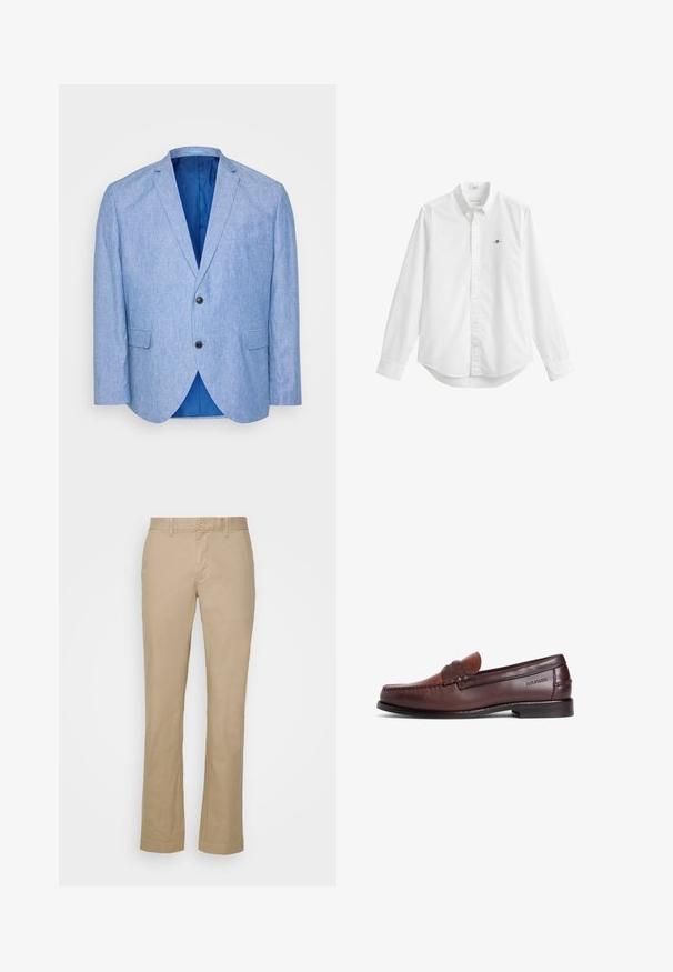 Blazer bleu clair en tissu texturé. Présente un revers cranté, deux boutons noirs et une doublure bleue à l'intérieur. Poche poitrine unique.; Chemise blanche à manches longues avec col, boutons sur le devant et petit logo brodé sur la poitrine gauche.; Pantalons droits beiges en tissu de coton avec une taille plate et des passants pour ceinture. Présente une fermeture à un bouton et des ourlets.; Mocassin en cuir marron à finition lisse, doté d'une lanière décorative et de détails de couture. Talon bas et design à bout arrondi.