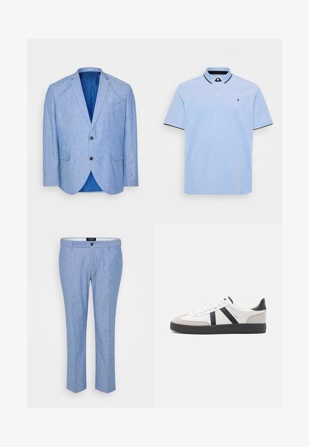 Blazer bleu clair en tissu texturé. Présente un revers cranté, deux boutons noirs et une doublure bleue à l'intérieur. Poche poitrine unique.; Polo bleu clair avec une patte de boutonnage à deux boutons, un col foncé contrastant et des accents au bas. Tissu en coton doux avec une finition texturée.; Pantalons bleu clair en tissu texturé, à coupe droite, avec passants de ceinture et fermeture à bouton simple à l'avant.; Baskets blanches avec des accents noirs et gris, présentant un embout texturé gris, une semelle en caoutchouc noir et des lacets plats blancs. Design épuré, style minimaliste.