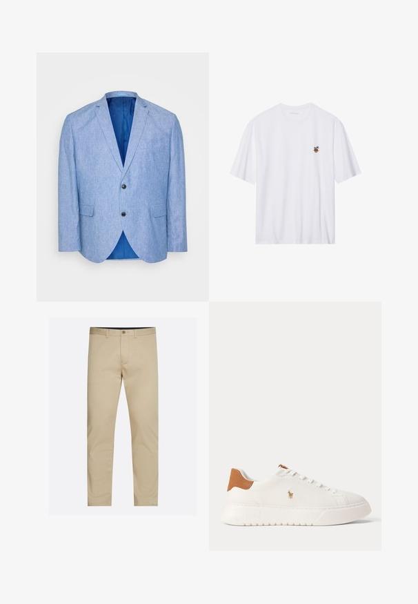 Lys blå blazer lavet af tekstureret stof. Har en spids revers, to sorte knapper og blåt foer indeni. Enkel brystlomme.; Hvid bomulds t-shirt med korte ærmer, der har et lille broderet design af palmer i en krukke på venstre brystområde.; Beige chinos med lige pasform, lavet af en bomuldsblandingsstof. Har en frontknaplukning, bæltesløjfer og flad frontdesign.; Hvid lavtop sneaker med tan hælfane, hvide snørebånd og lille broderet polo-spiller logo på siden over en tyk sål.