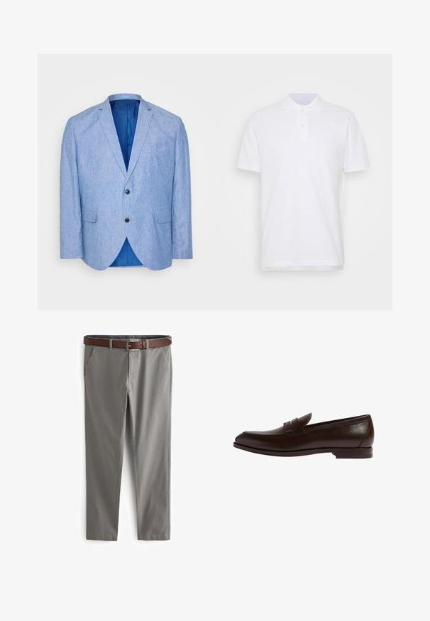 Lys blå blazer lavet af tekstureret stof. Har en spids revers, to sorte knapper og blåt foer indeni. Enkel brystlomme.; Hvid polo t-shirt med klassisk krave, tre-knaps stolpe og korte ærmer. Fremstillet af glat bomuldsstof med et ensfarvet design.; Grå bukser lavet af tekstureret stof med et lige ben-design. Har sidelommer og et brunt læderbælte med en metalspænde.; Brun læder loafer med rund tå, syningsdetaljer og en diskret båndaccent. Slank profil med en flad gummisål.