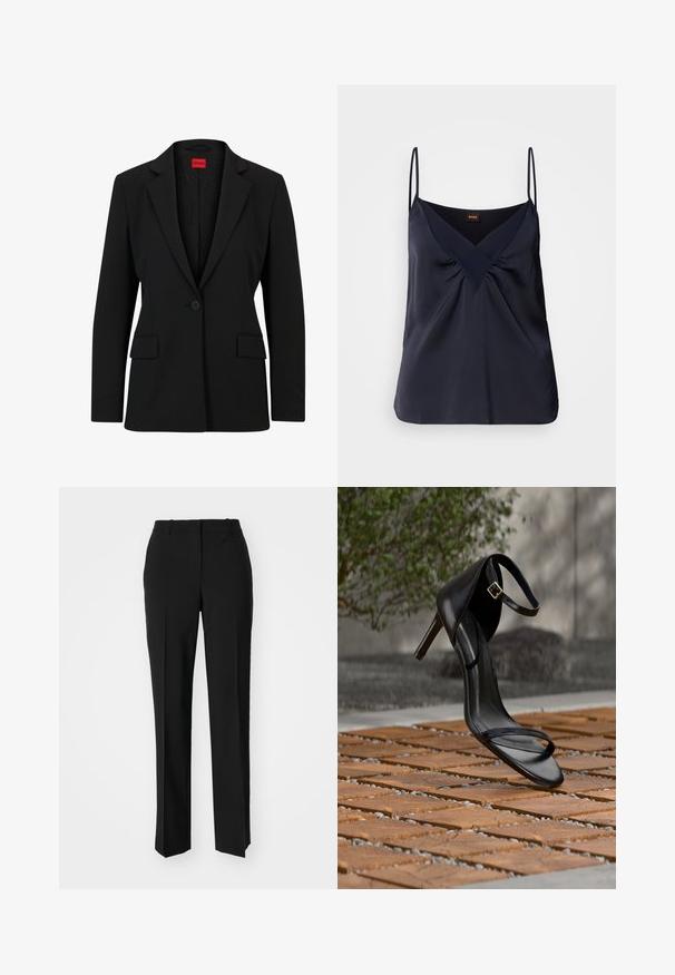 Blazer noir avec un col cranté et une fermeture à un bouton. Dispose de deux poches avant et d'une doublure lisse avec un motif subtile.; Camisole en soie navy avec de fines bretelles, décolleté en V et détails froncés au niveau de la poitrine ; texture lisse et coupe décontractée.; Pantalon noir ajusté avec une coupe droite, présentant une texture lisse et des plis nets sur le devant. Aucune quincaillerie visible.; Sandale noire à talon haut avec sangle à la cheville, suspendue au-dessus d'un sol en carreaux de bois à l'extérieur, avec un arrière-plan flou de verdure et de pierre.