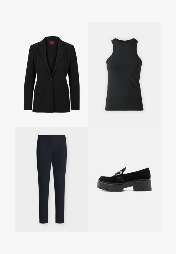 Blazer noir avec un col cranté et une fermeture à un bouton. Dispose de deux poches avant et d'une doublure lisse avec un motif subtile.; Débardeur sans manches noir en tissu extensible. Présente un col rond et une silhouette ajustée avec des détails de couture minimaux.; Pantalon noir slim longueur cheville avec ceinture cousue et sans poches visibles, présenté sur un fond clair uni.; Mocassin en daim noir avec semelle à crampons épaisse, détail boucle argentée et inscription "HUGO" en relief sur la lanière latérale, vu de côté extérieur.