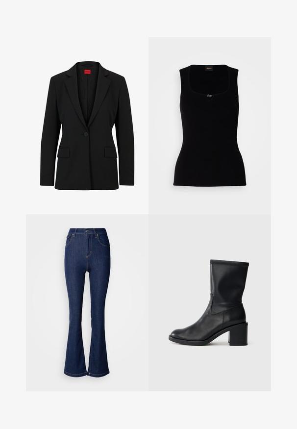 Blazer noir avec un col cranté et une fermeture à un bouton. Dispose de deux poches avant et d'une doublure lisse avec un motif subtile.; Débardeur noir côtelé avec un décolleté carré, arborant un petit logo en accent au centre. Confectionné dans un matériau doux et texturé.; Jean flare bleu foncé en denim avec une taille haute, présentant des poches avant, des coutures contrastées et une fermeture à bouton.; Botte en cuir noir à cheville avec un bout rond, texture lisse et un talon épais, présentant un tige ajustée et un subtil détail de couture.