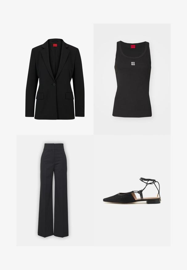 Blazer noir avec un col cranté et une fermeture à un bouton. Dispose de deux poches avant et d'une doublure lisse avec un motif subtile.; Débardeur noir en coton avec un col rond et sans manches. Présente le logo blanc "HUGO" au centre. Design simple et ajusté.; Pantalons à jambes larges en tissu noir avec une taille haute, présentant une finition soignée et une texture lisse. Pas de matériel ou de motifs visibles.; Chaussure plate noire avec un bout pointu, dessus texturé, liens autour de la cheville et un petit talon carré. Présente un motif subtil sur le matériau.