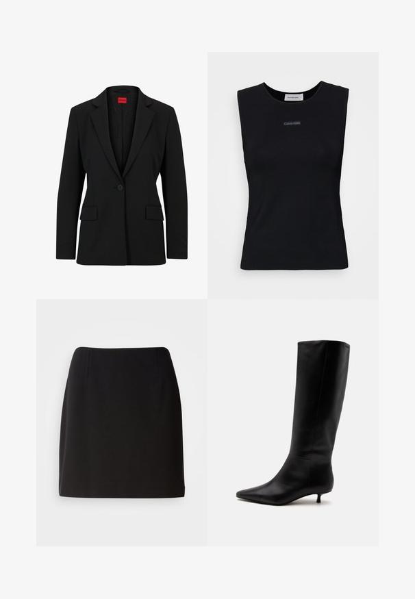 Blazer noir avec un col cranté et une fermeture à un bouton. Dispose de deux poches avant et d'une doublure lisse avec un motif subtile.; Top sans manches noir en tissu lisse. Doté d'un col rond et d'un petit logo Calvin Klein au centre. Design simple et ajusté.; Jupe noire avec une silhouette ajustée, fabriquée dans un tissu lisse. Elle présente des plis avant subtils et un design de longueur mi-cuisse.; Botte noire en cuir jusqu'au genou avec bout pointu et petit talon kitten sur un fond clair uni.