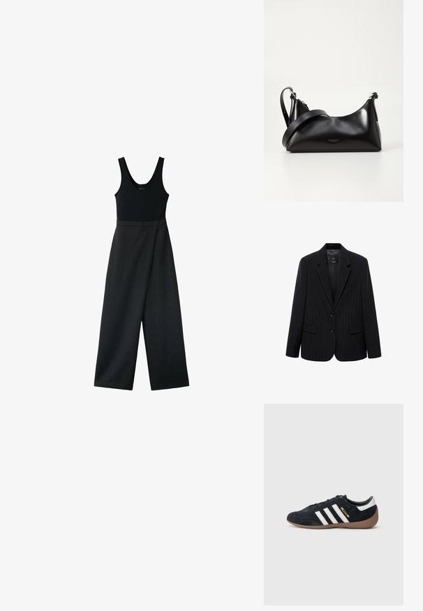 Blazer negro a rayas con solapa de muesca, botones frontales y dos bolsillos frontales. Confeccionado en una tela lisa con un ajuste entallado.; Mono negro sin mangas con piernas anchas y un corpiño ajustado, mostrado sobre un fondo blanco.; Zapatilla de ante negra con tres rayas blancas, suela de goma y un pequeño logo dorado en el lateral. Cuenta con un forro interior negro liso.; Bolso de mano de cuero negro con una textura suave. Cuenta con una correa ajustable y un diseño elegante y minimalista con cierre de cremallera.