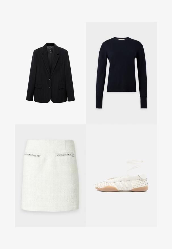 Blazer negro a rayas con solapa de muesca, botones frontales y dos bolsillos frontales. Confeccionado en una tela lisa con un ajuste entallado.; Jersey negro de cuello redondo con mangas largas, puños y bajo de canalé, mostrado sobre un fondo liso gris claro.; Minifalda de tweed blanco con tejido texturizado, con dos bolsillos delanteros decorados con ribete metálico plateado. Silueta limpia y recta.; Zapato blanco tejido con parte superior texturizada, presenta una puntera redondeada, detalles en cuero blanco y una suela de goma flexible. Cordones delgados adjuntos.