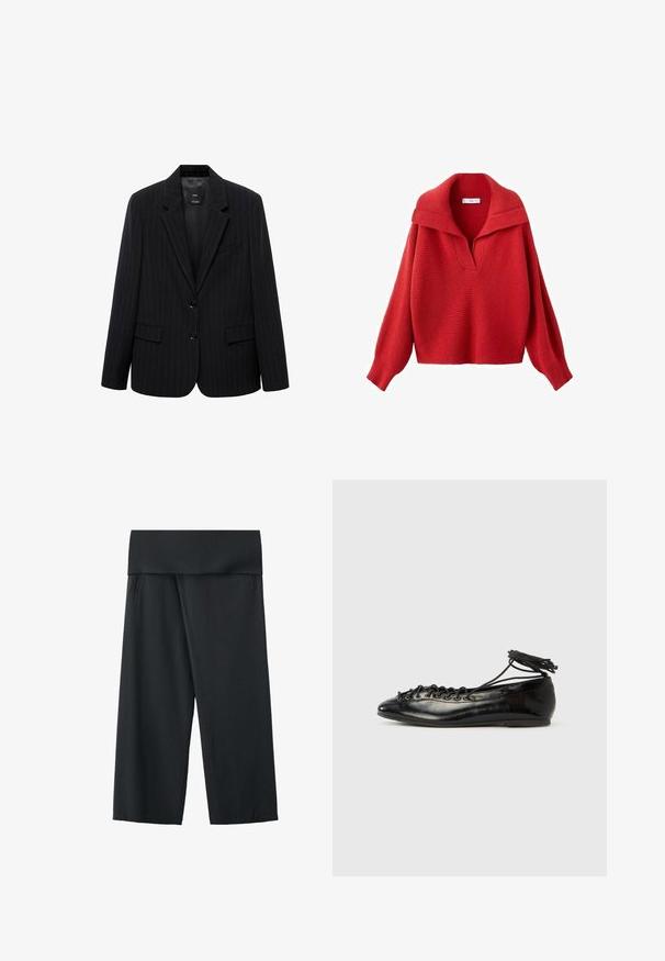 Zwarte blazer met een smal gestreept patroon, voorzien van een geknipt revers, voorknopen en twee voorzakken. Gemaakt van een gladde stof met een getailleerde pasvorm.; Rode gebreide trui met een brede kraag en een diepe V-hals. Heeft verlaagde schouders, lange mouwen en een gestructureerde stof. Korte lengte.; Zwarte wijde broek met een hoge omgeslagen tailleband en zijzakken, gemaakt van gladde stof, plat gelegd op een witte achtergrond.; Zwarte ballerina's van lakleer met een afgeronde neus, veterdesign en een platte zool. Glad oppervlak met minimale details.