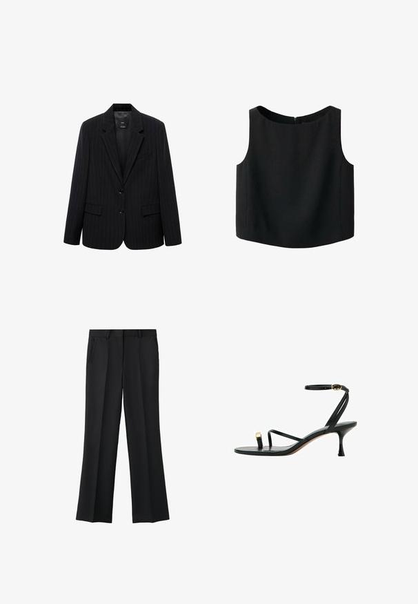 Sort blazer med smalle striber, der har et skåret revers, frontknapper og to forlommer. Fremstillet af glat stof med en skræddersyet pasform.; Sort ærmeløs top med rund halsudskæring og glat stoftekstur. Har en diskret lynlås bagpå og en lige nederkant.; Sorte formelle bukser med lige ben, frontfold, sidelommer og bæltestropper, vist mod hvid baggrund.; Sort sandale med høj hæl med tynd ankelrem, tå-loop med gulddetalje og slank mellemhøj hæl.