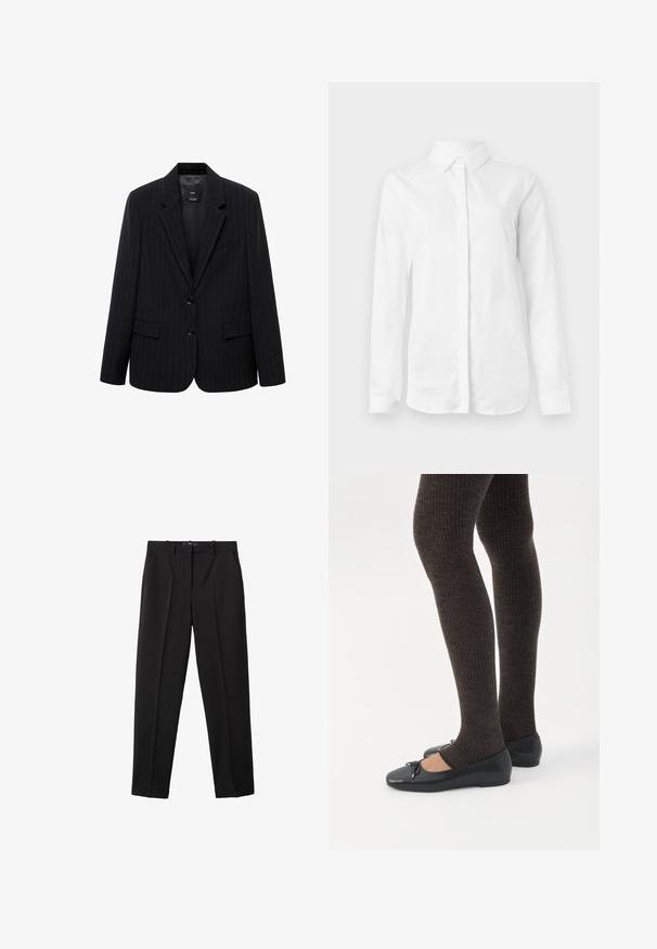 Zwarte blazer met een smal gestreept patroon, voorzien van een geknipt revers, voorknopen en twee voorzakken. Gemaakt van een gladde stof met een getailleerde pasvorm.; Witte overhemd met lange mouwen, gemaakt van glad katoen. Het heeft een klassieke kraag en een knoopsluiting aan de voorkant, met een rechte zoom en zonder patronen.; Zwarte broek gemaakt van gladde stof, met een rechte pasvorm, plooien en een eenvoudig sluitingsontwerp. Klassieke en veelzijdige stijl.; Benen met donkere geribbelde leggings gecombineerd met zwarte ballerina's met kleine strikdetails op een witte achtergrond.