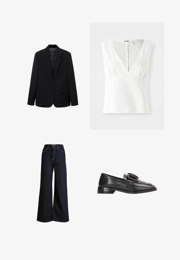 Blazer negro a rayas con solapa de muesca, botones frontales y dos bolsillos frontales. Confeccionado en una tela lisa con un ajuste entallado.; Top blanco sin mangas con escote en V profundo, con detalles fruncidos a los lados, hecho de un tejido texturizado y con un dobladillo recto.; Jeans de mezclilla oscura de pierna ancha con cintura alta, que presentan costuras amarillas contrastantes y un diseño limpio y estructurado.; Mocasines de cuero negro con punta cuadrada, que presentan un destacado detalle de hebilla y un bajo tacón cuadrado. Textura suave con acentos de costura.