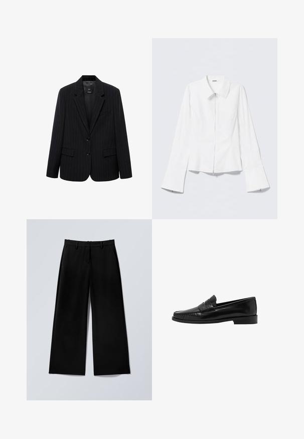 Sort blazer med smalle striber, der har et skåret revers, frontknapper og to forlommer. Fremstillet af glat stof med en skræddersyet pasform.; Hvid langærmet skjorte med en krave og en lynlås foran. Har flagrende manchetter og en glat tekstur i bomuldsblanding.; Sorte bukser med vide ben, bæltestropper, foran lynlås og sidelommer, lagt fladt ud på en lysegrå overflade.; Mango Loafers - black