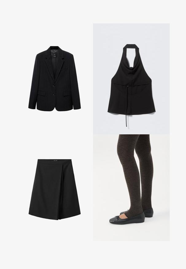 Blazer negro a rayas con solapa de muesca, botones frontales y dos bolsillos frontales. Confeccionado en una tela lisa con un ajuste entallado.; Top negro sin mangas con cuello halter, cintura recogida con lazo, escote frontal en forma de V y bajo con vuelo.; Falda negra hasta la rodilla con una cintura recta y un detalle de pliegue superpuesto en la parte delantera, mostrada sobre un fondo blanco.; Piernas con leggings oscuros acanalados combinados con bailarinas negras que presentan pequeños detalles de lazo sobre un fondo blanco.