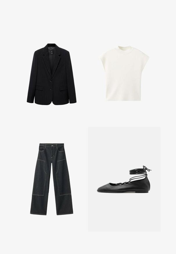 Zwarte blazer met een smal gestreept patroon, voorzien van een geknipt revers, voorknopen en twee voorzakken. Gemaakt van een gladde stof met een getailleerde pasvorm.; Mouwloos wit gebreid topje met een hoge ronde hals en een losse pasvorm tegen een effen witte achtergrond.; Donkerblauwe wijde denim broeken met grote zijzakken en contrasterende beige stiksels. Voorzien van een knoopsluiting en riemlussen.; Zwarte leren platte ballerinaschoen met een puntige neus, meerdere dunne bandjes over de bovenkant en veterstrikjes die rond de enkel zijn gewikkeld.