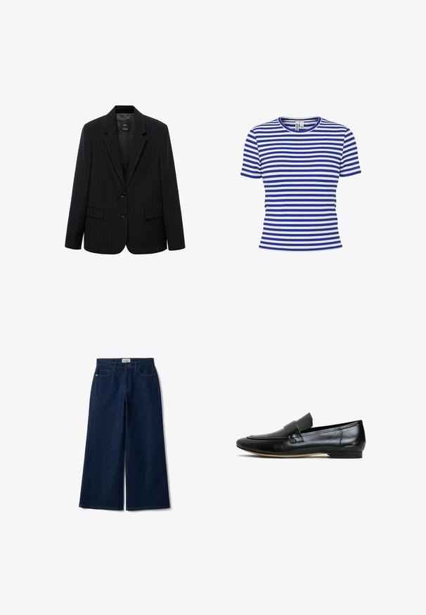 Blazer negro a rayas con solapa de muesca, botones frontales y dos bolsillos frontales. Confeccionado en una tela lisa con un ajuste entallado.; Camiseta de manga corta a rayas horizontales en azul y blanco, con cuello redondo y corte ajustado.; Pantalones vaqueros de pierna ancha en azul oscuro con cierre frontal de botones, presillas para cinturón y bolsillos delanteros, colocados planos sobre un fondo blanco.; Mocasines de cuero negro con un acabado liso, punta redondeada y una correa decorativa en el empeine. Suela ligera con un ligero tacón.