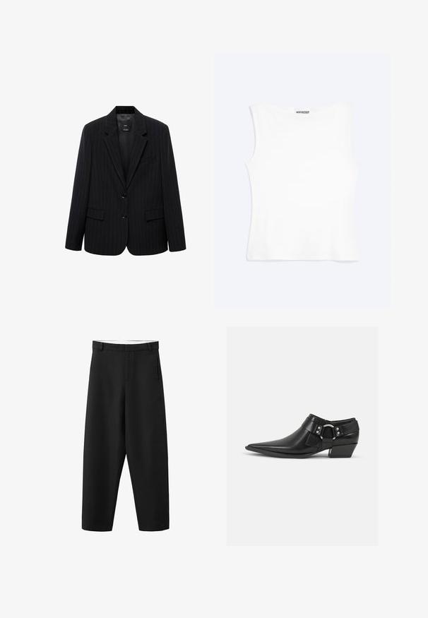 Blazer negro a rayas con solapa de muesca, botones frontales y dos bolsillos frontales. Confeccionado en una tela lisa con un ajuste entallado.; Camiseta sin mangas blanca ajustada con escote redondo y diseño minimalista, etiquetada como "WEEKDAY" en el interior del cuello.; Pantalones negros de pierna recta con trabillas para cinturón, cremallera frontal y un diseño limpio y sencillo, adecuados para uso formal o casual.; Botas de cuero negras hasta el tobillo con puntera puntiaguda, que presentan una correa de cuero en la parte delantera y un detalle de hebilla plateada, además de un tacón bajo y cuadrado.