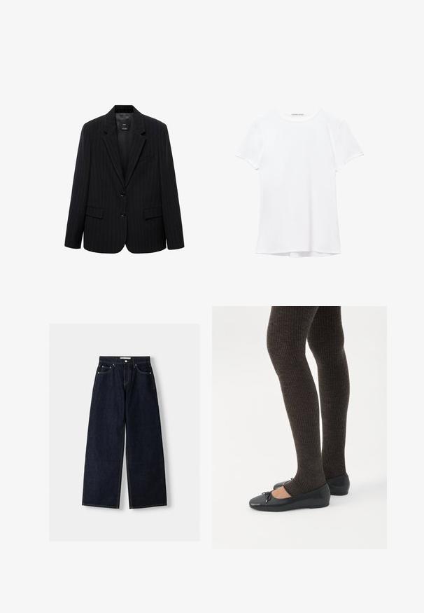 Zwarte blazer met een smal gestreept patroon, voorzien van een geknipt revers, voorknopen en twee voorzakken. Gemaakt van een gladde stof met een getailleerde pasvorm.; Witte short-sleeve t-shirt van gladde stof, met een ronde halslijn en subtiele stiksels bij de zoom.; Donkerblauwe denim wijduitlopende jeans met een hoge taille, vijf zakken, contrasterende stiksels en zilveren metalen hardware. Gladde textuur en een nette afwerking.; Benen met donkere geribbelde leggings gecombineerd met zwarte ballerina's met kleine strikdetails op een witte achtergrond.