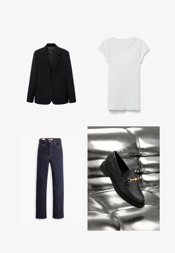 Blazer negro a rayas con solapa de muesca, botones frontales y dos bolsillos frontales. Confeccionado en una tela lisa con un ajuste entallado.; Camiseta blanca de manga corta con cuello redondo acanalado, colocada en plano sobre fondo blanco, mostrando el lado frontal y un estilo casual sencillo.; Jeans de mezclilla rectos de color azul oscuro con cinco bolsillos y costuras naranjas visibles sobre un fondo blanco.; Mocasín de cuero negro con un detalle de herrajes en tono dorado. El zapato presenta un diseño elegante y una textura suave y brillante.