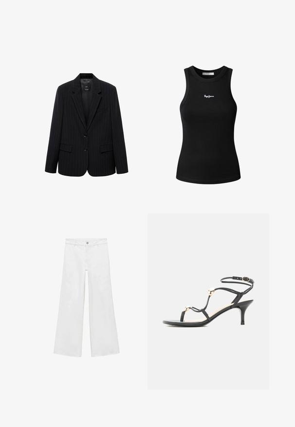 Zwarte blazer met een smal gestreept patroon, voorzien van een geknipt revers, voorknopen en twee voorzakken. Gemaakt van een gladde stof met een getailleerde pasvorm.; Zwart geribd mouwloos tanktop met ronde halslijn en klein wit geborduurd logo in het midden van de borst.; Witte, wijde jeans met een knoopsluiting en vijf zakken, vervaardigd uit denim met een soepele textuur, met een klassiek ontwerp.; Zwarte sandaal met bandjes en een middenhoge hak, gouden accentkralen en enkelbandje met gesp op een witte achtergrond.