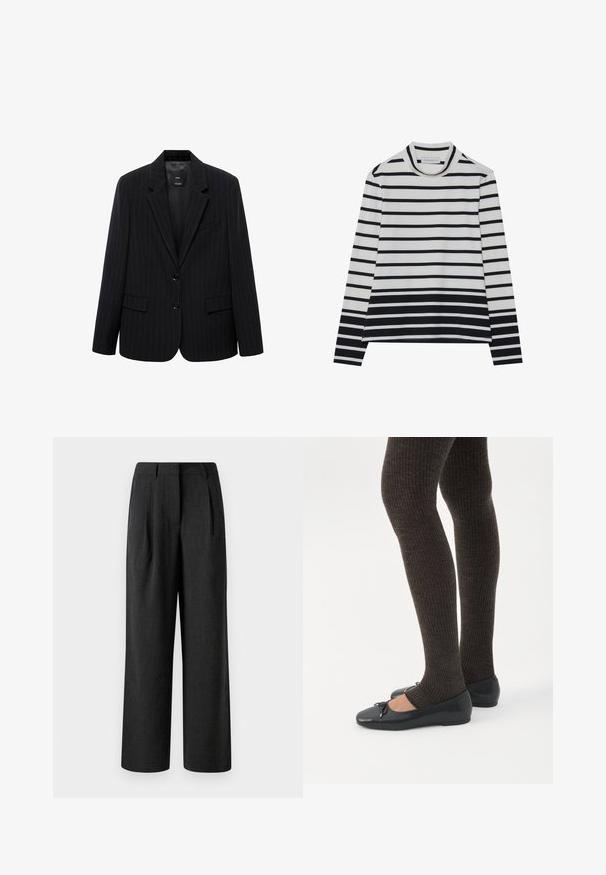Blazer negro a rayas con solapa de muesca, botones frontales y dos bolsillos frontales. Confeccionado en una tela lisa con un ajuste entallado.; Top de manga larga hecho de algodón, con rayas horizontales en blanco y negro, un cuello alto tipo mock y un corte relajado con aberturas laterales.; Pantalones de pierna ancha negros, confeccionados en tejido texturizado, con pliegues frontales y una cinturilla tailored, diseñados para un ajuste holgado.; Piernas con leggings oscuros acanalados combinados con bailarinas negras que presentan pequeños detalles de lazo sobre un fondo blanco.